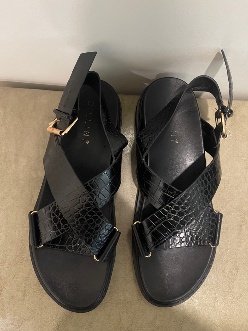 Billini Black Croc-Embossed Crisscross Strap Sandals with Gold Buckles